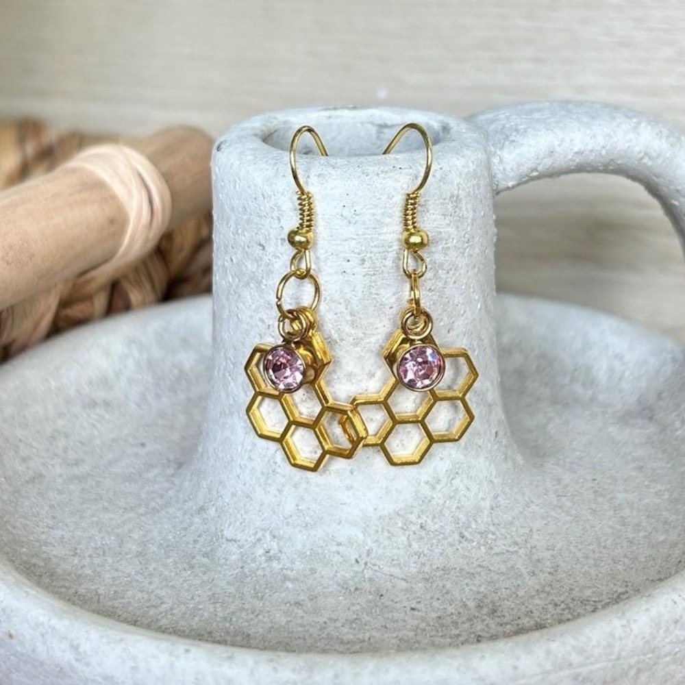Upcycled Honeycomb Dangle Earrings with Pink Jewel Gold Tone Bee Jewelry